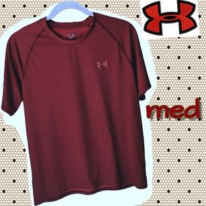 🗺️ Under Armour Red Striped Heatgear Loose Fit T-Shirt Adult Men's Medium EUC